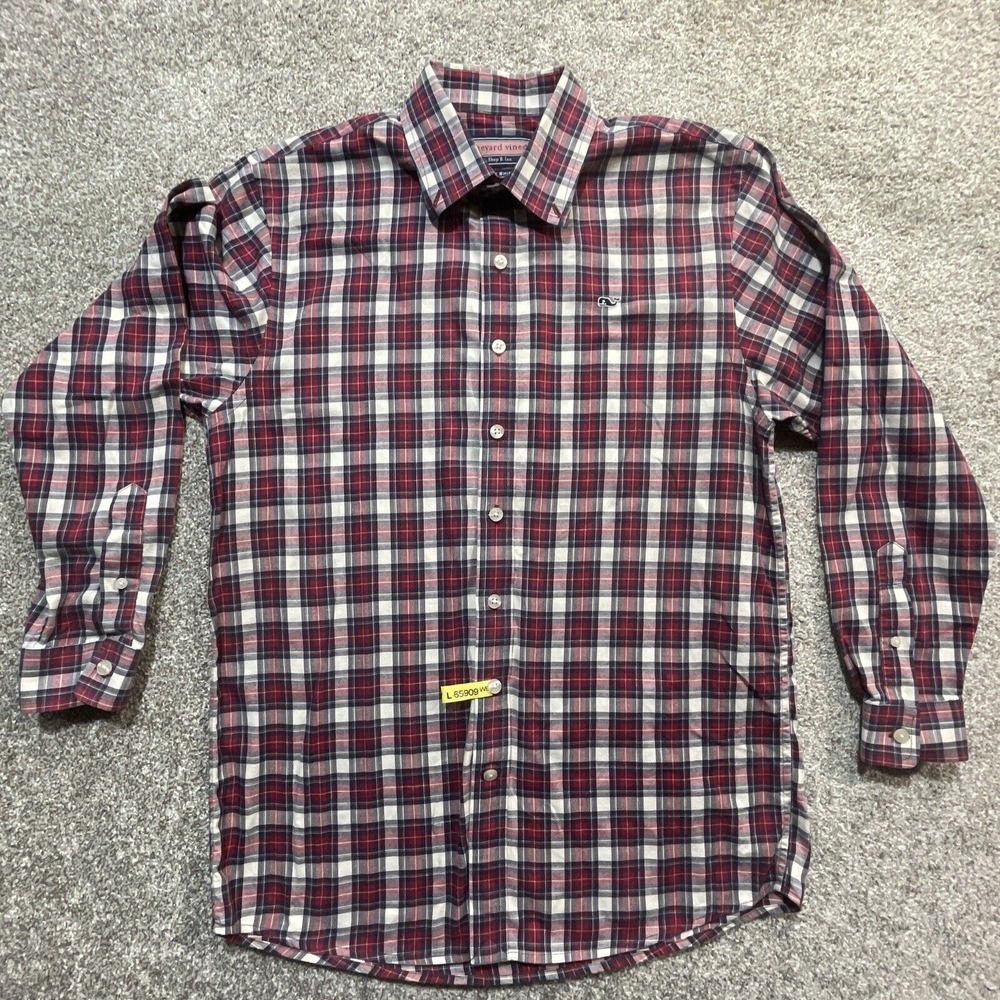 Vineyard Vines Button Down Whale Shirt Boys Large Red/White/Blue Plaid  Cotton